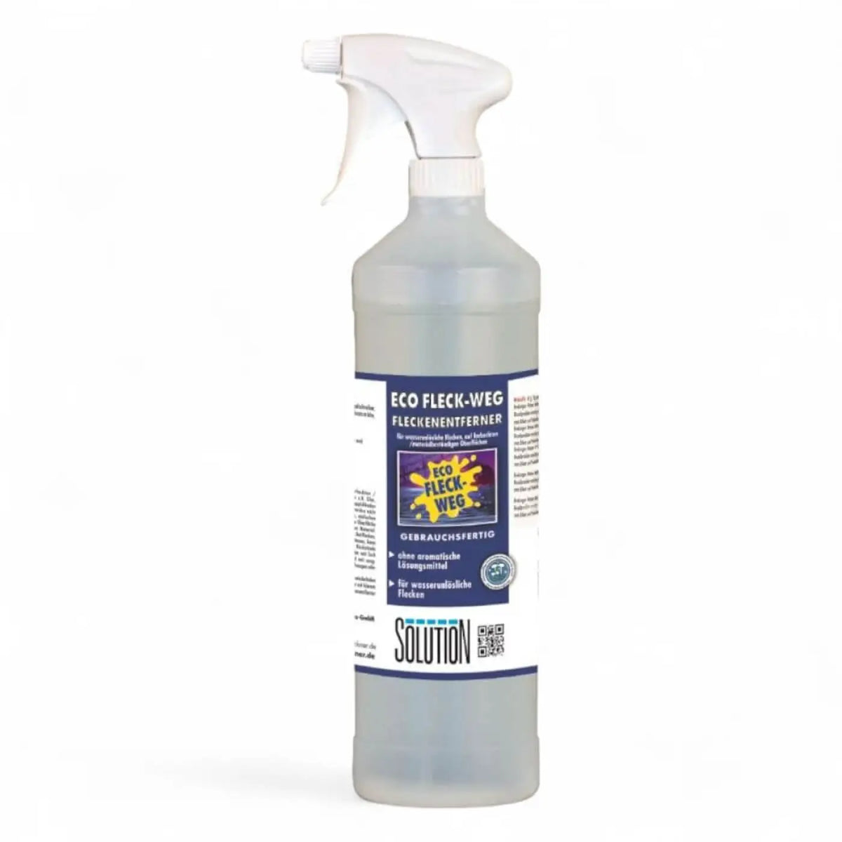 Clear plastic spray bottle with white trigger nozzle labeled eco fleck-weg by solution in solution glöckner product