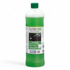 Grüne glasflasche mit grünem verschluss und weißem etikett mit konzentriertem fensterreinigungsmittel solution-glöckner greeN glanzwischpflege konzentrat