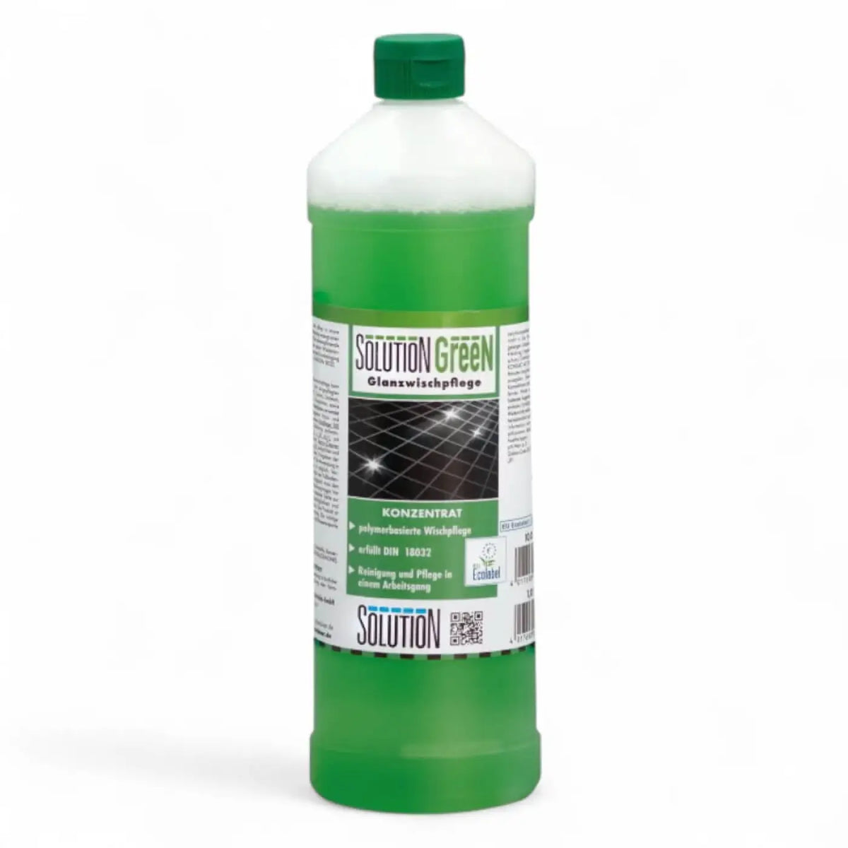Grüne glasflasche mit grünem verschluss und weißem etikett mit konzentriertem fensterreinigungsmittel solution-glöckner greeN glanzwischpflege konzentrat