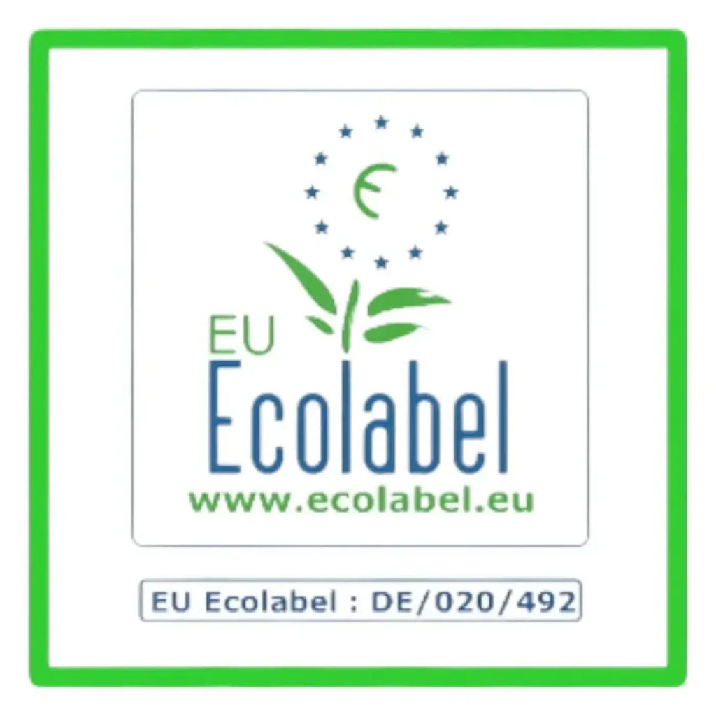 Eu ecolabel zertifizierungslogo mit grünem blatt und blauen sternen auf dem produkt solution glöckner green sanitärreiniger zero