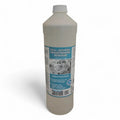 A translucent plastic bottle with a white cap labeled grill backofen konvektomaten reiniger by solution brand