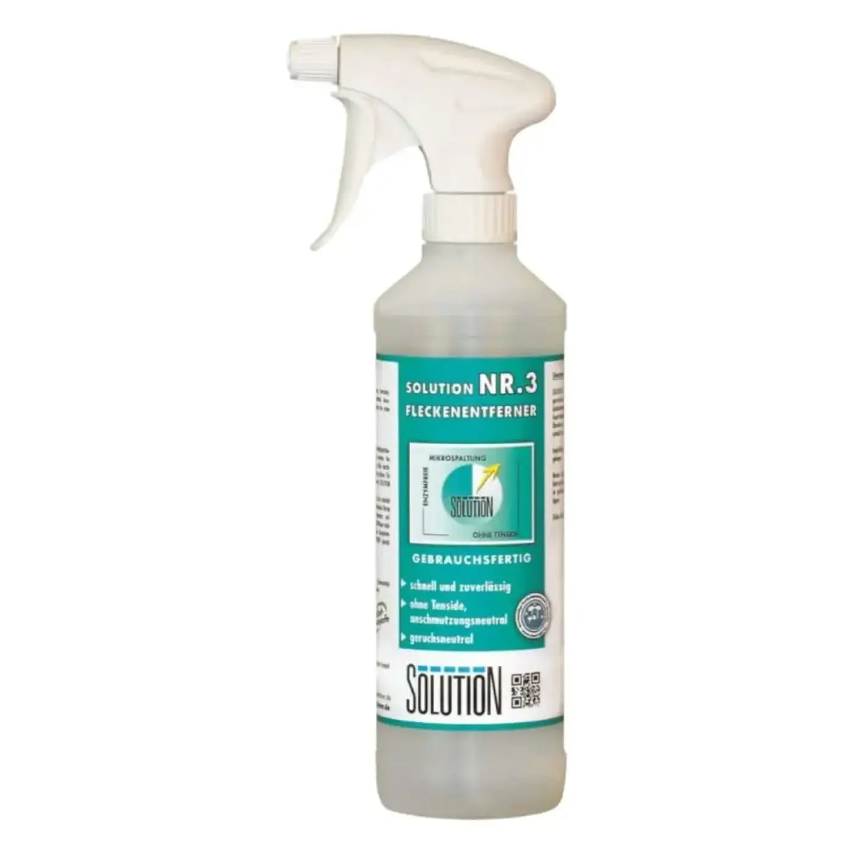Eine klare plastik-sprühflasche mit weißer abzugdüse und label solution nr 3 fleckenentferner von solution-glöckner