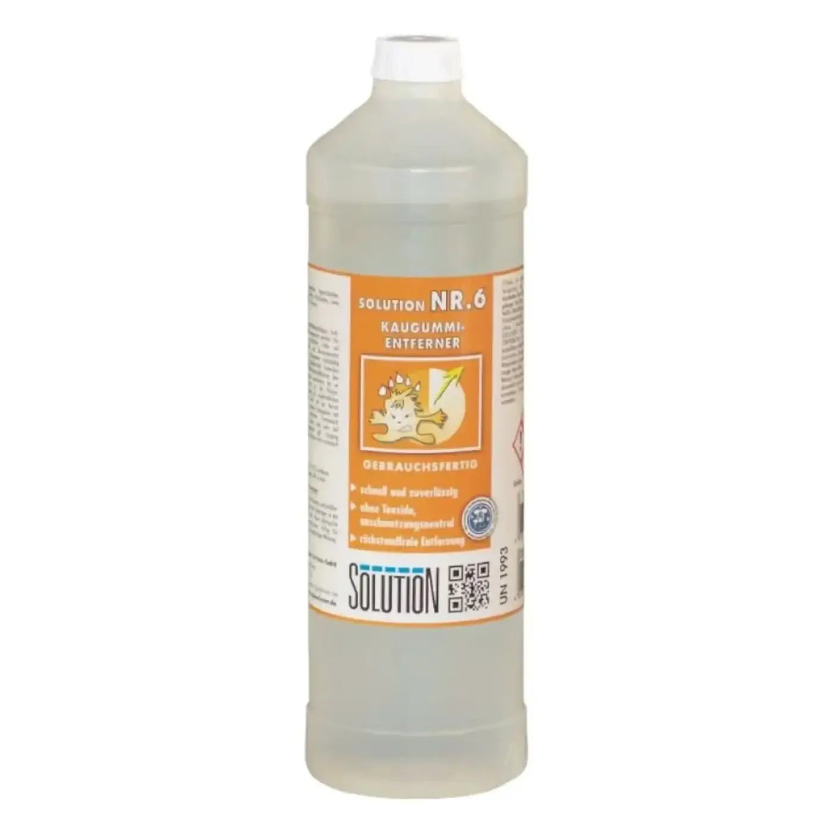 Klarer kunststoffflasche mit weißem deckel und orangenem etikett lösung glöckner nr 6 kaugummi entferner mit transparentem flüssigkeit zur entfernung von kaugummi