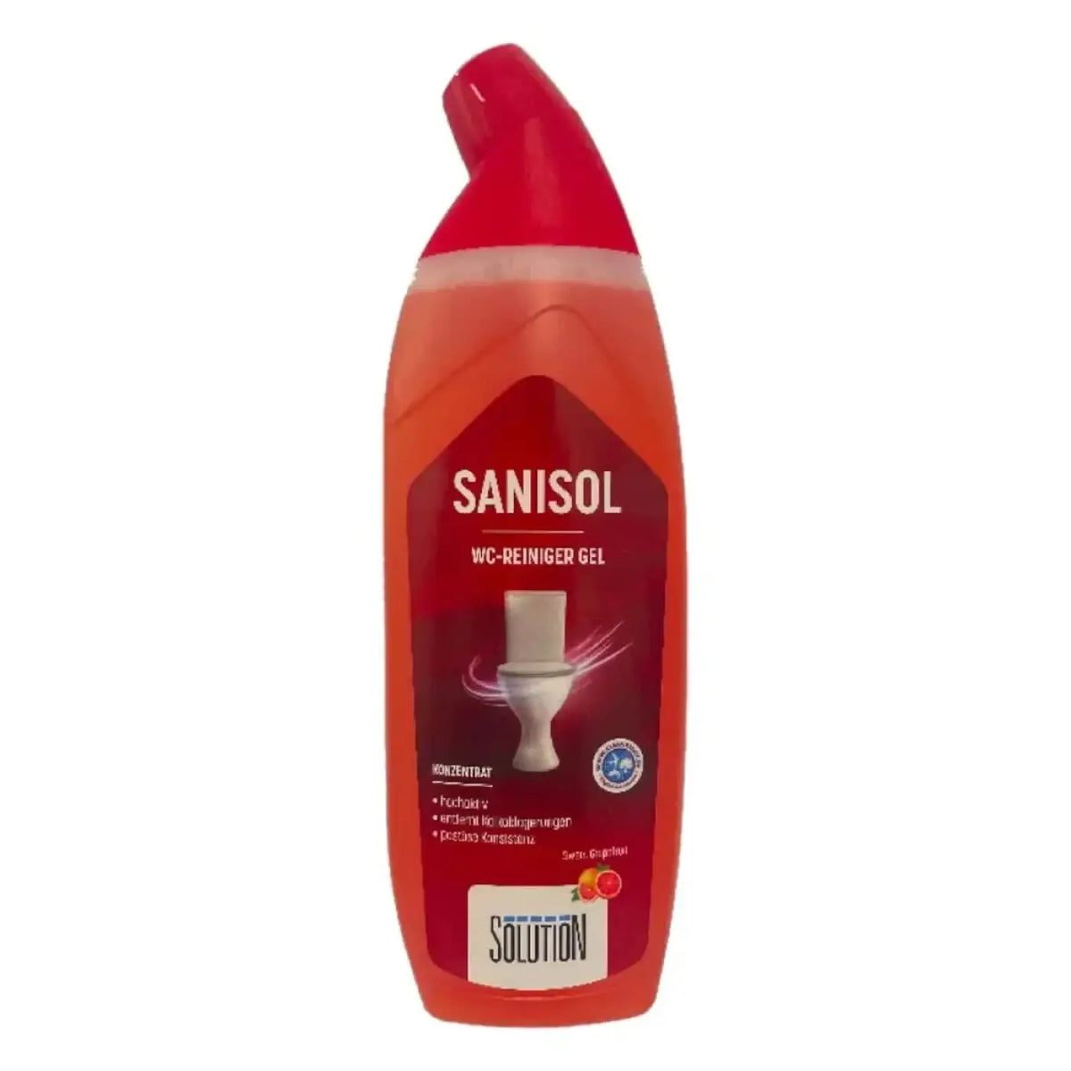Lösung-glöckner sanisol wc-reiniger gel 750ml orange flasche mit rotem deckel und toilettengrafik auf dem etiket