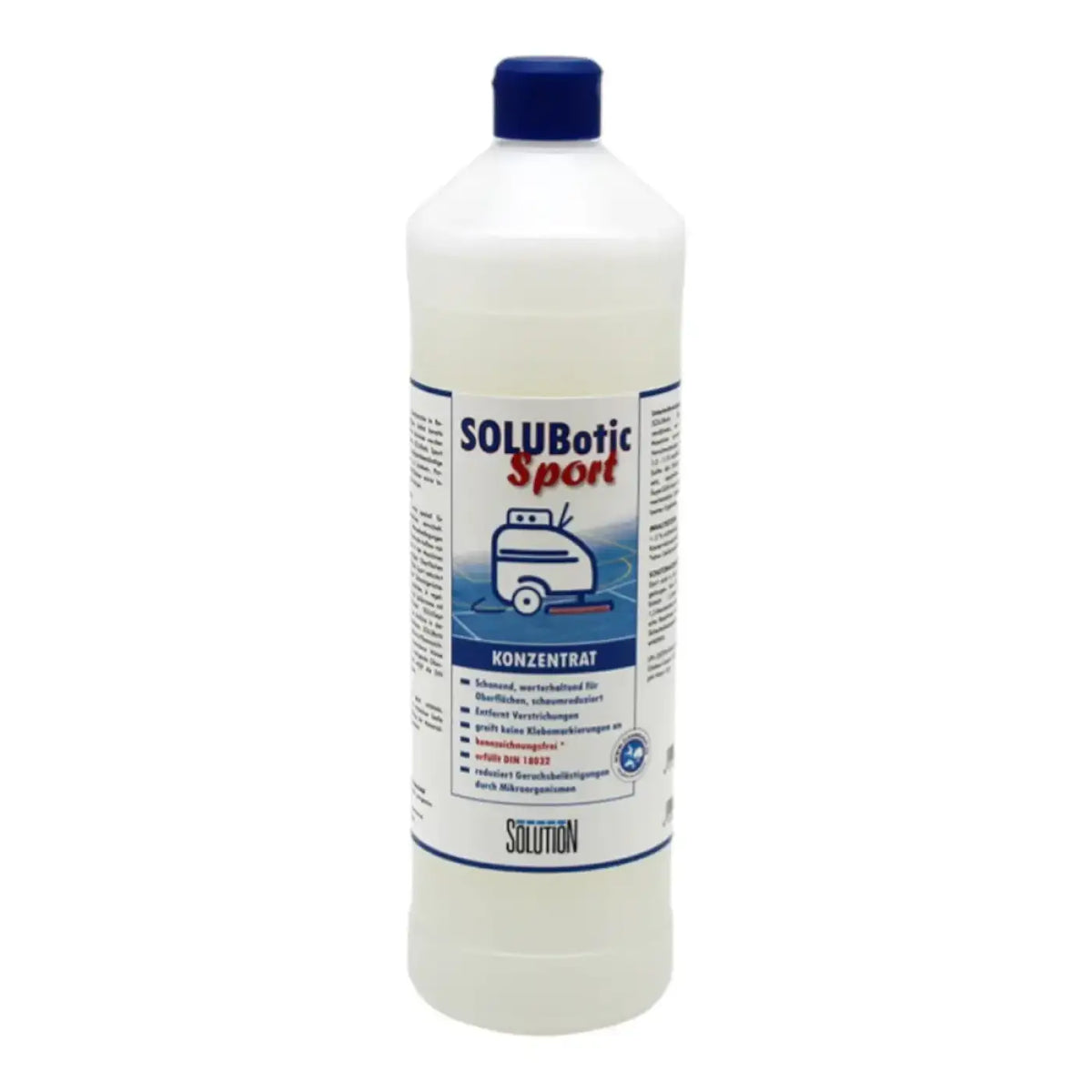Ein klarer kunststoffflasche mit blauer kappe und weißem etiket von solution glöckner solubotic sport konzentrath