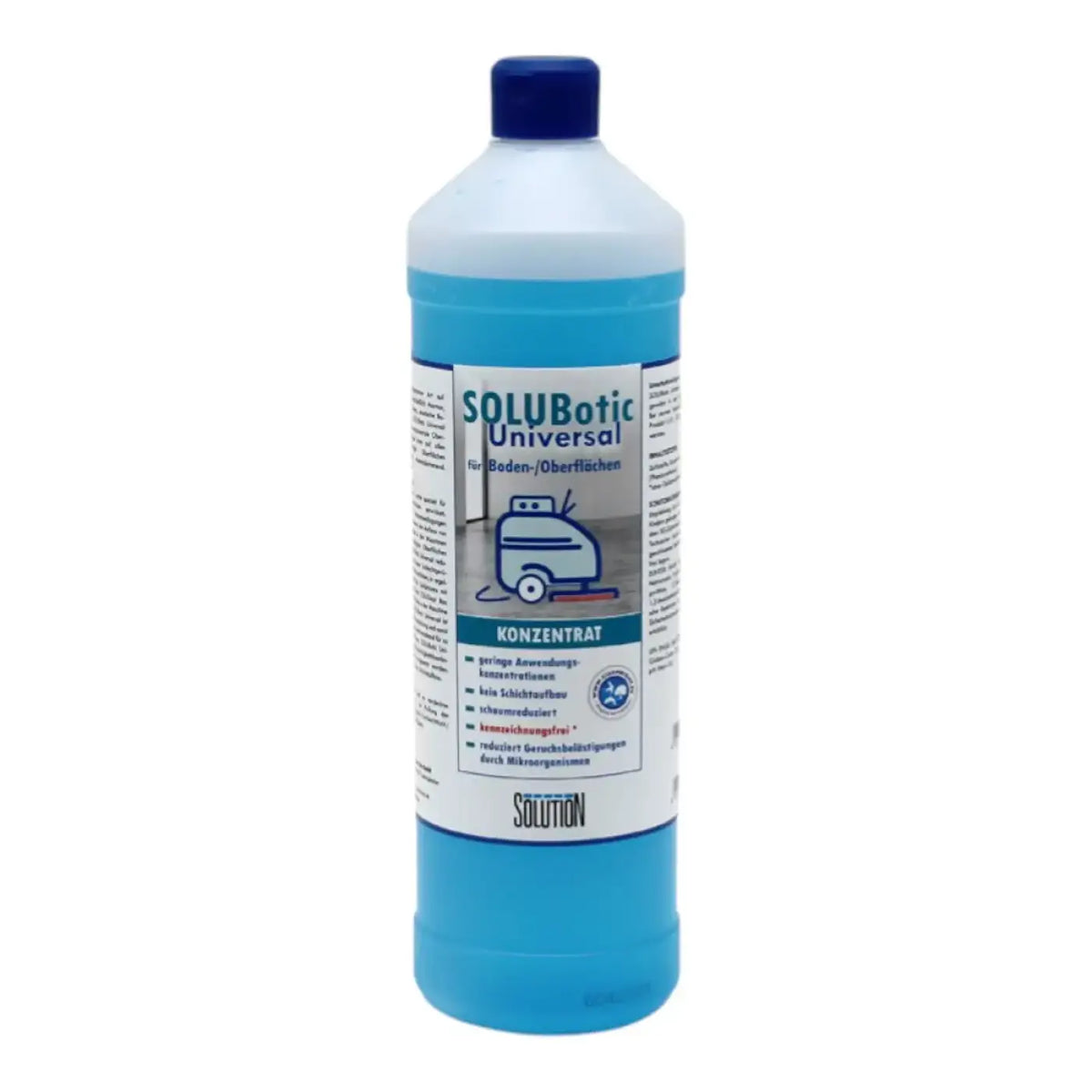 Eine durchscheinend blaue plastikflasche mit dunkelblauem deckel labeled solubotic universal für bodenreinigungs-konzentrat von solution glöckner