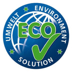 Rundes umweltfreundliches logo mit grünem eco-text und haken über blauem globus für solution glöckner soluprotect 1l