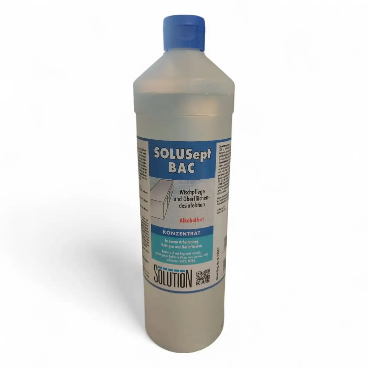 Eine klare plastikflasche mit blauem verschluss solusept bac alkoholfreies oberflächendesinfektionskonzentrat