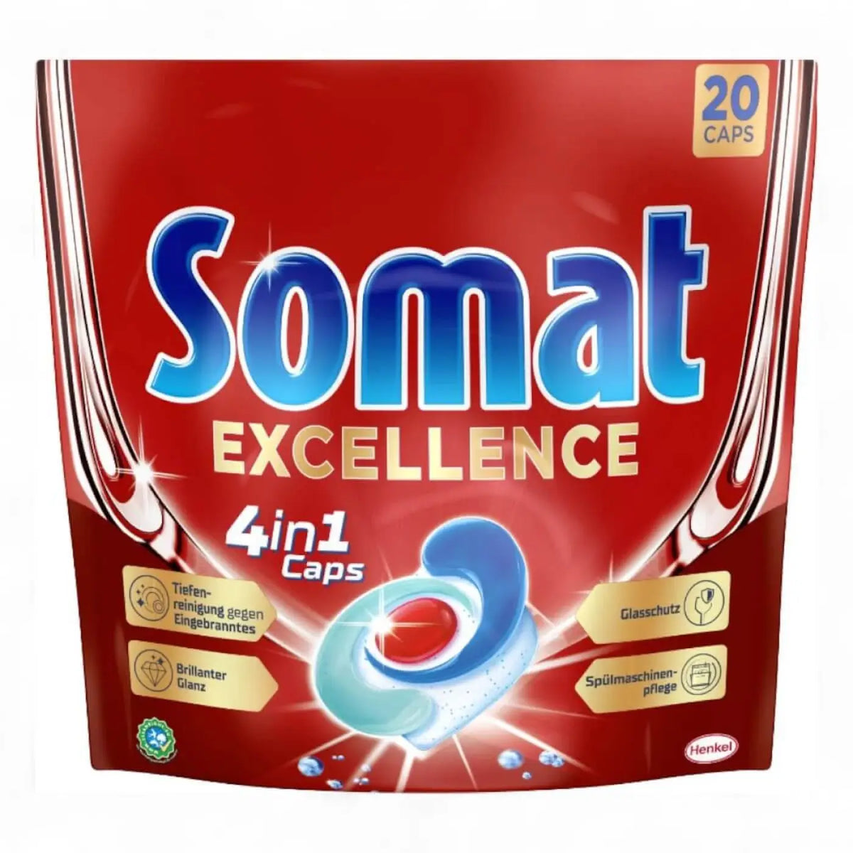Rote somat excellence 4in1 spülmaschinen kapseln mit blauer und weißer kapsel und goldener text hervorheben reinigungskraft