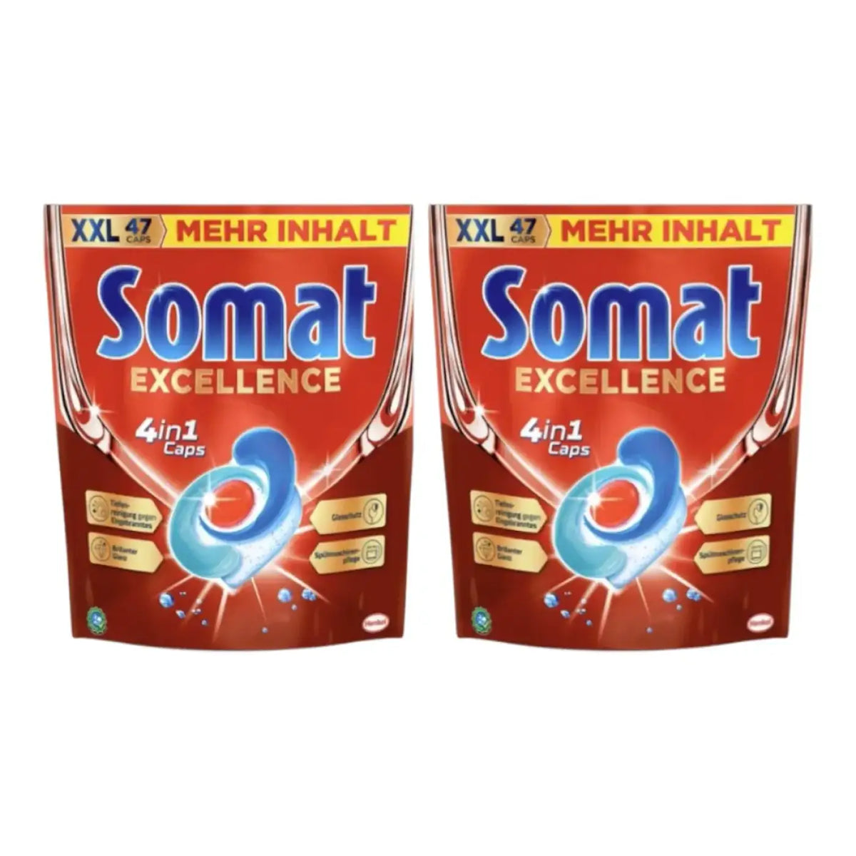 Zwei pakete somat excellence 4in1 spülmaschinen caps xxl rot und blau mit jeweils 47 kapseln