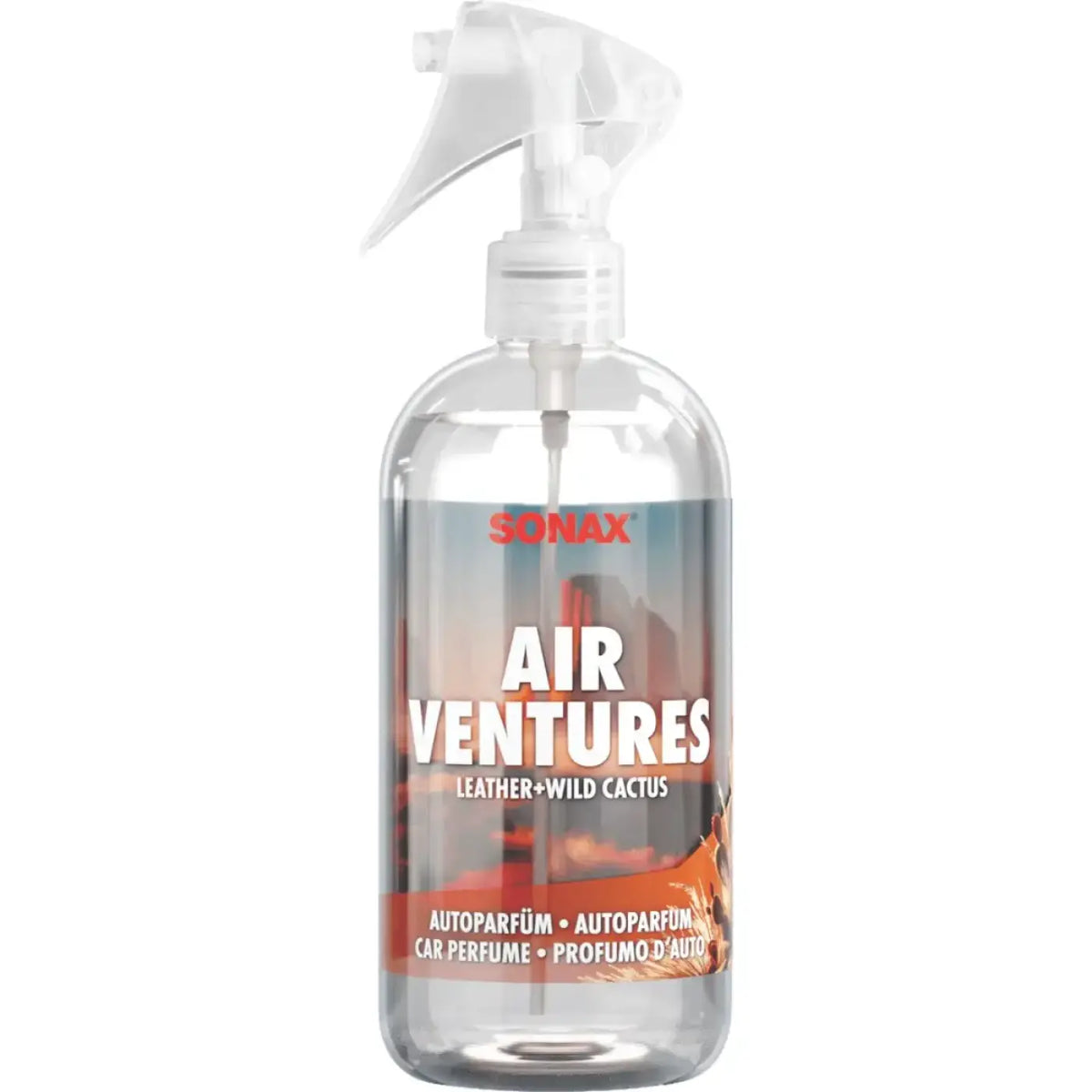 Klarer kunststoff-sprühflasche mit weißer düse sonax air ventures autoparfüm 300ml leder wildkaktusetikett