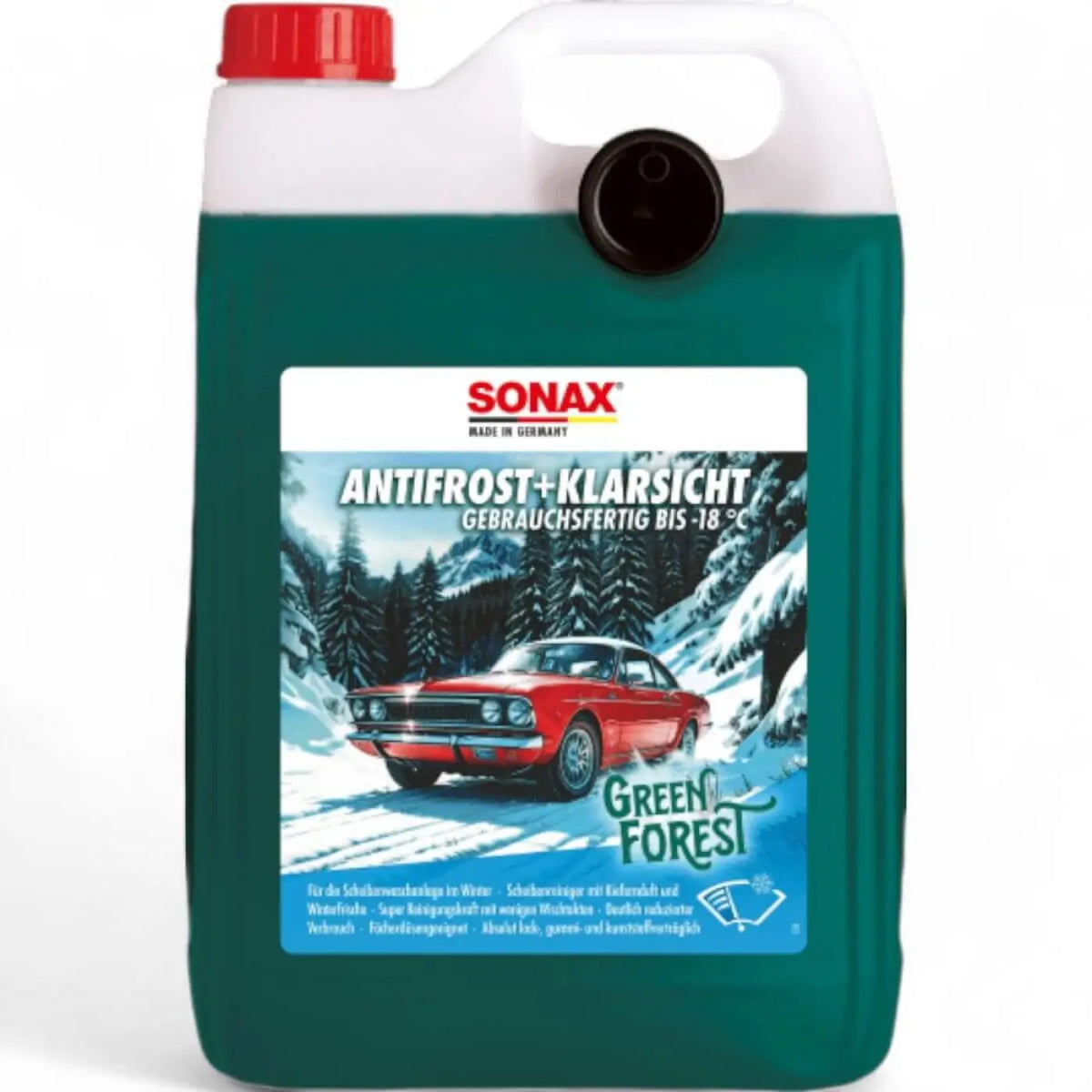 Sonax antifrost+klarsicht bis -18 °c in weißem und rotem kunststoffkanister mit schwarzem ausgießer für grünes kühlmittel