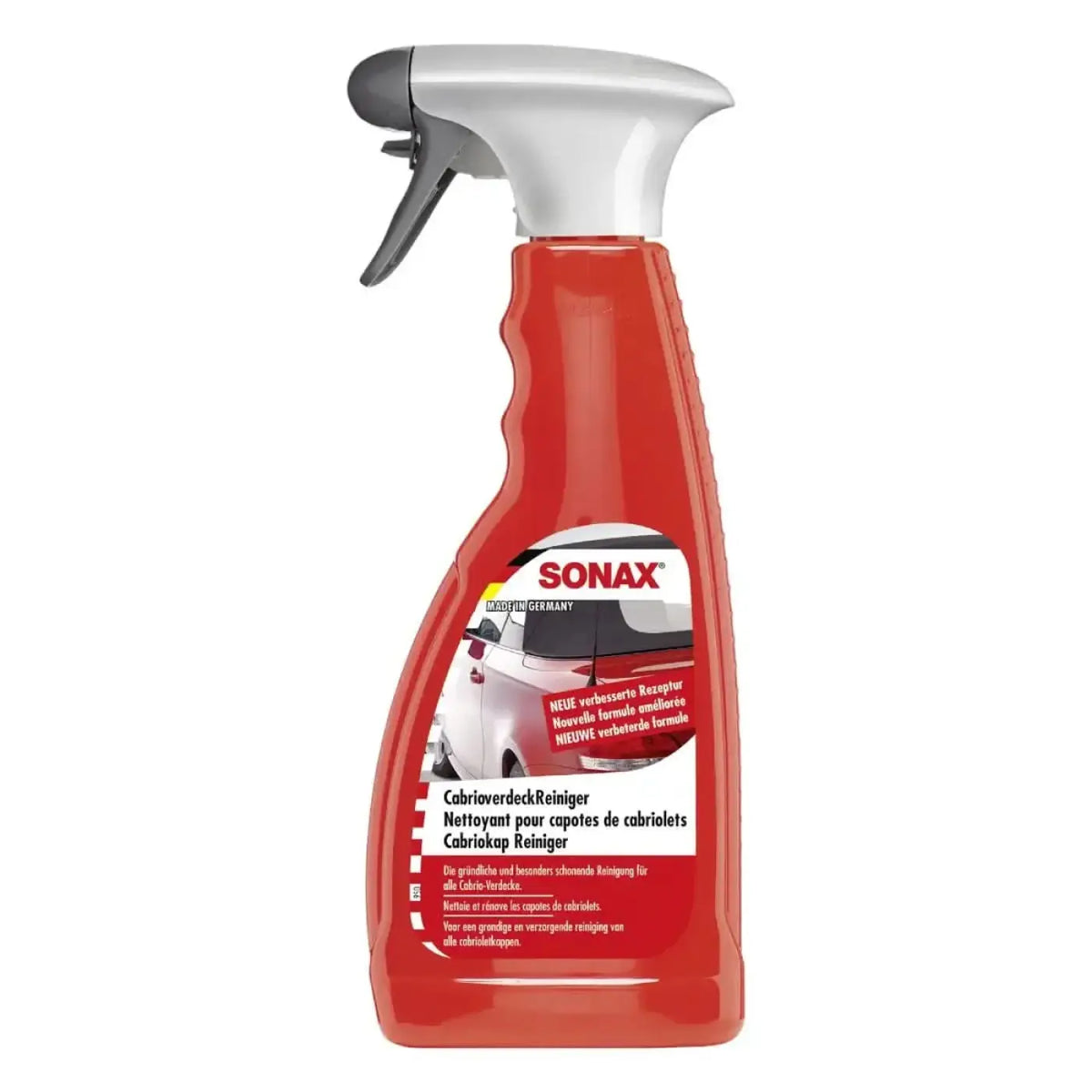 Roter kunststoff-sprühflasche mit weiß-grauem auslöser von sonax für cabrioverdeck-reinigung 500ml