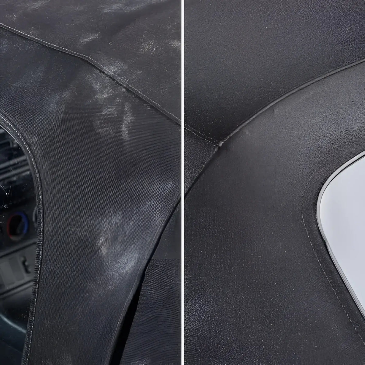Schwarze strukturierte stoffautoinnenraumabdeckung mit schmutzentfernung vorher nachher sonax cabrioverdeckreiniger 500ml
