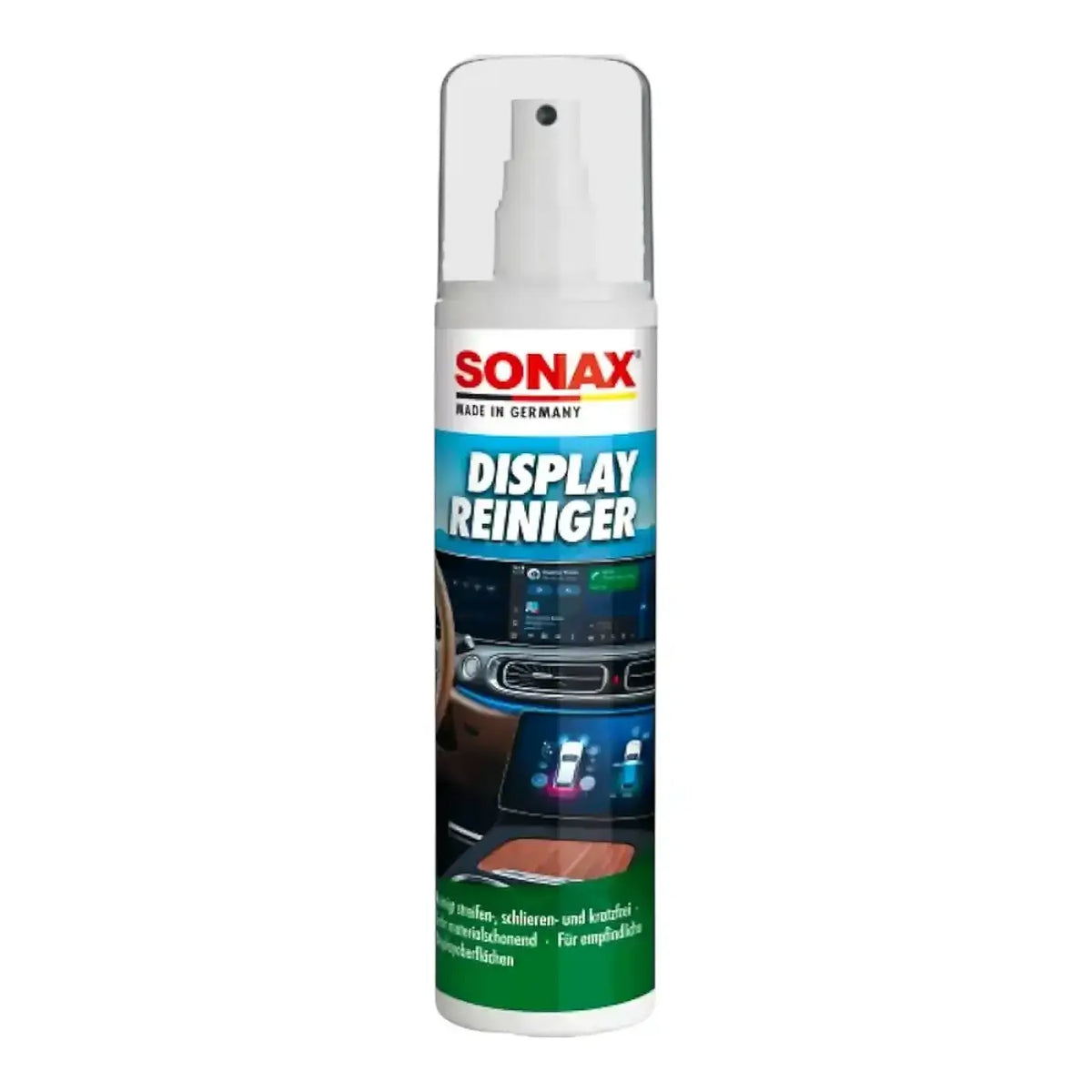 Sonax display reiniger sprayflasche 300ml weiß mit durchsichtigem deckel und blau-grünem etikett für bildschirme