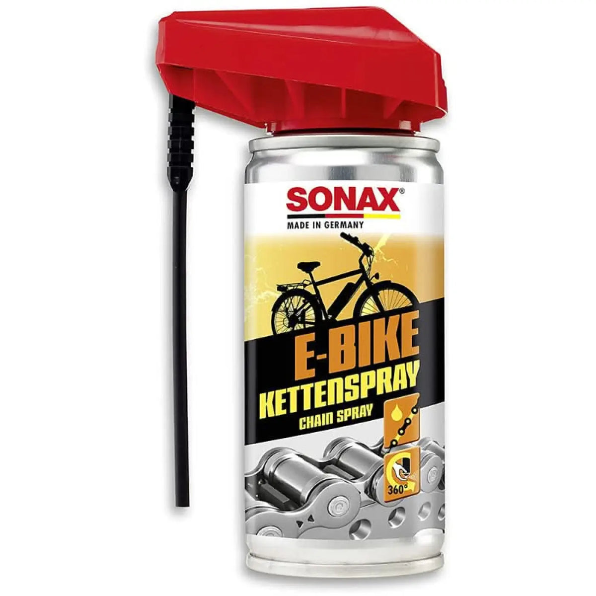 Sonax e-bike kettenspray 100ml rotes und silbernes spray mit schwarzem aufsatz für leichte anwendung