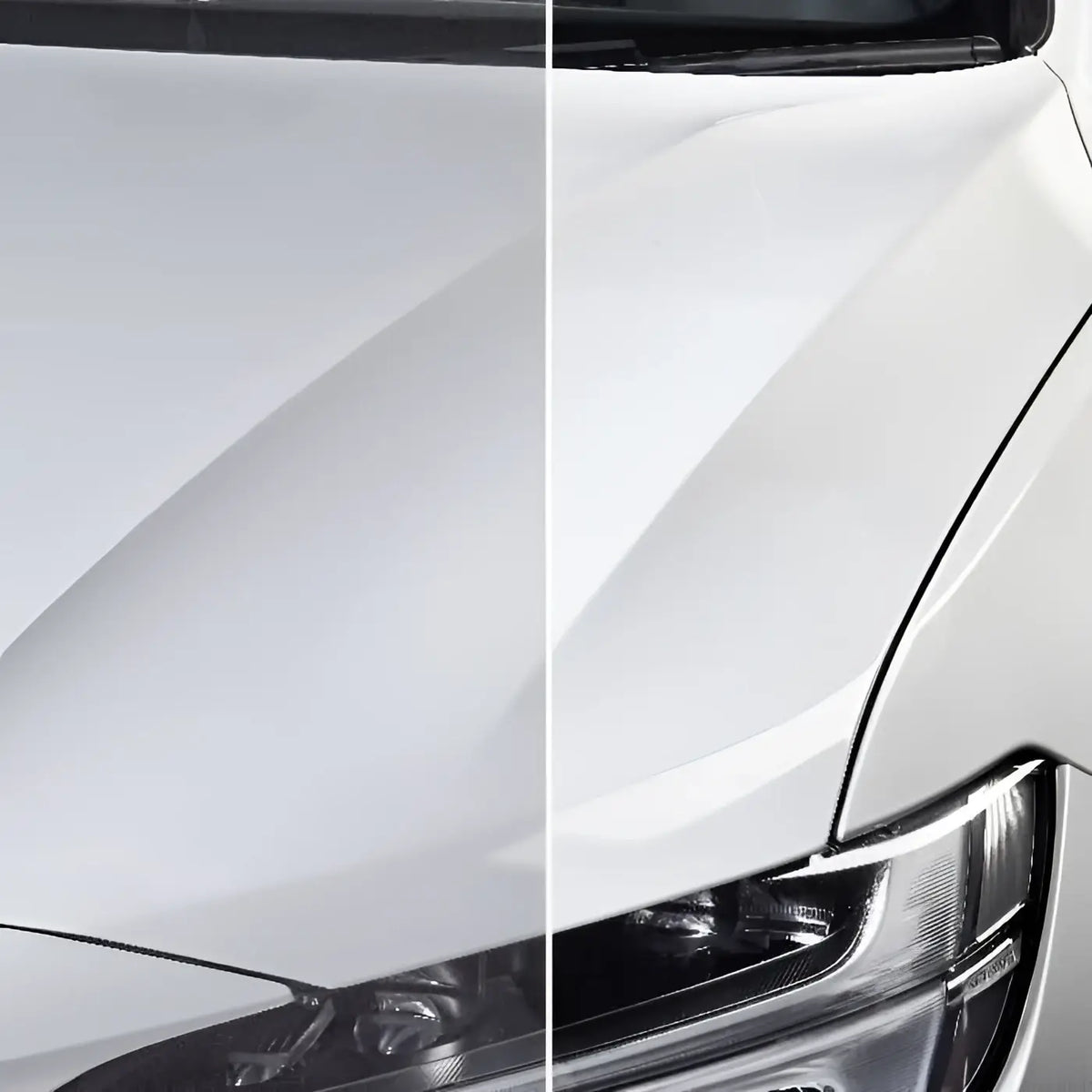Weißes auto mit glänzend poliertem vorderen kotflügel und scheinwerferbereich mit sonax polish und wax color 500ml