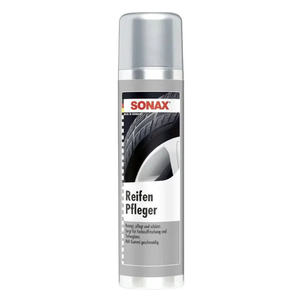 Silberne sonax reifenpfleger spraysdose 400ml mit schwarz weißem reifenbild auf dem etikett