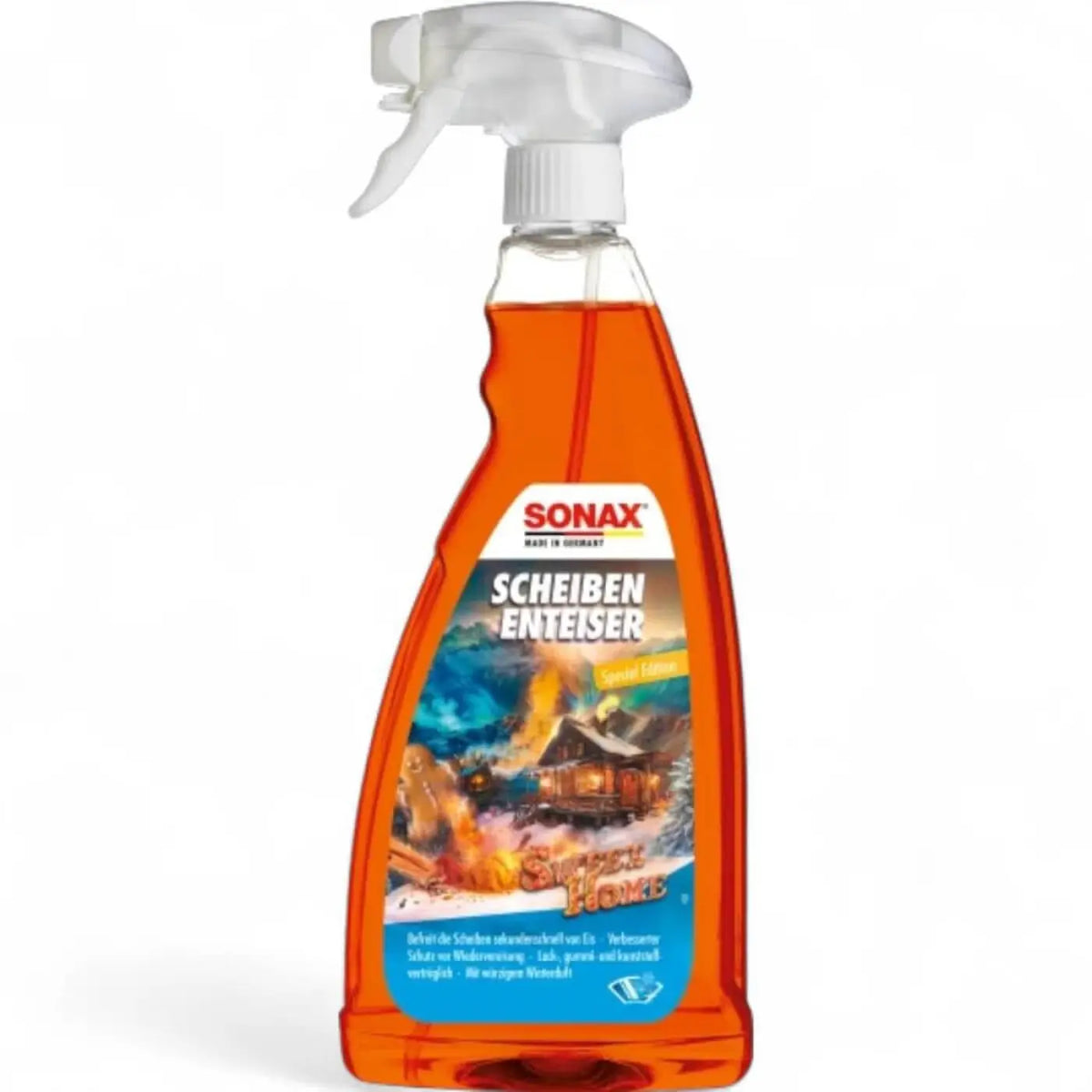 Orange transparente spraysprühflasche mit weißer zünddüse und wintermotivetikett sonax scheibenenteiser 1 liter