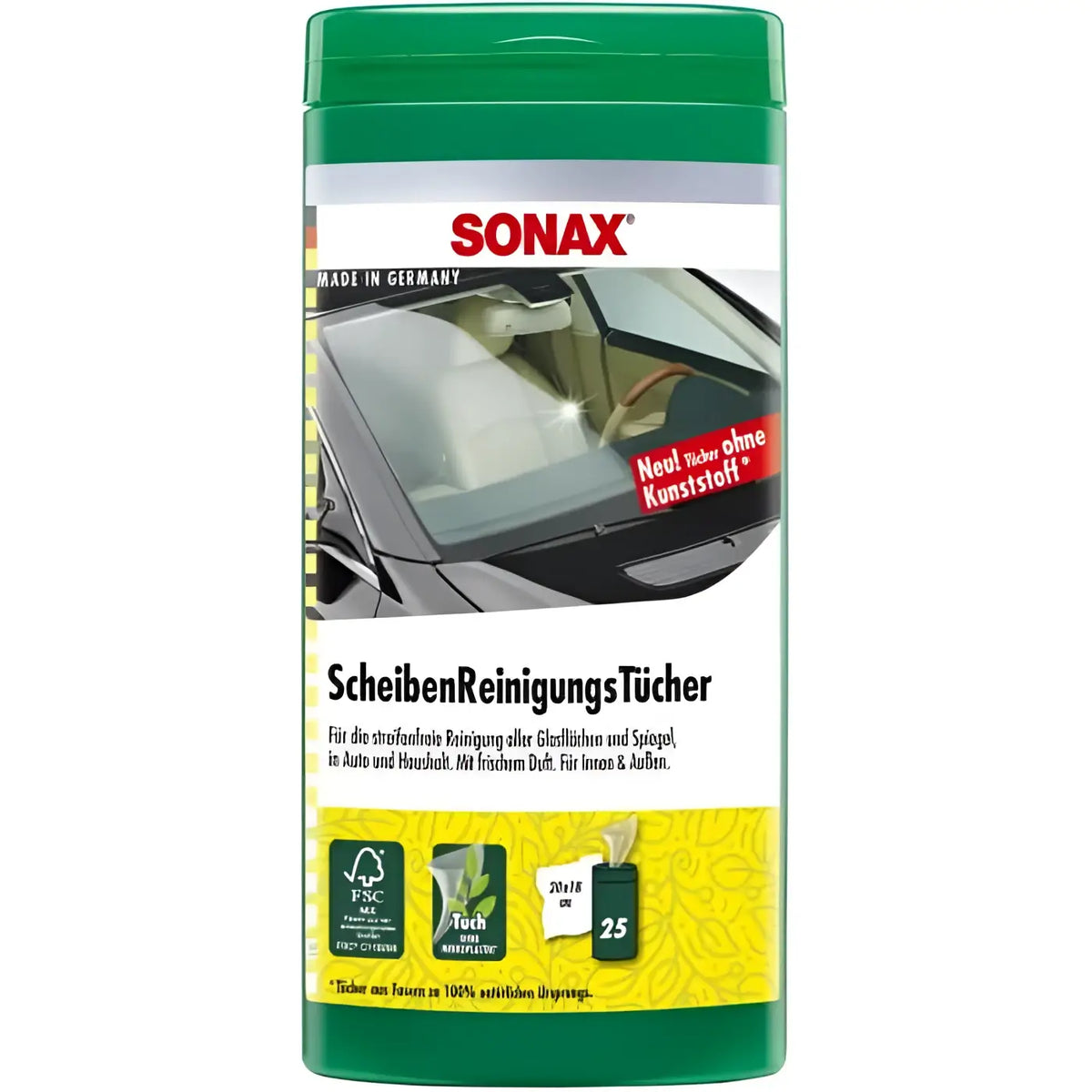 Grüner zylinderförmiger sonax scheibenreinigungstücher behälter mit weißem etiket und bild einer sauberen windschutzscheibe