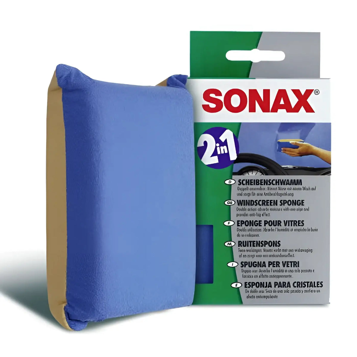 Sonax scheibenschwamm mit blauem mikrofaserschwamm und beigem gummirücken in 2-in-1 verpackung
