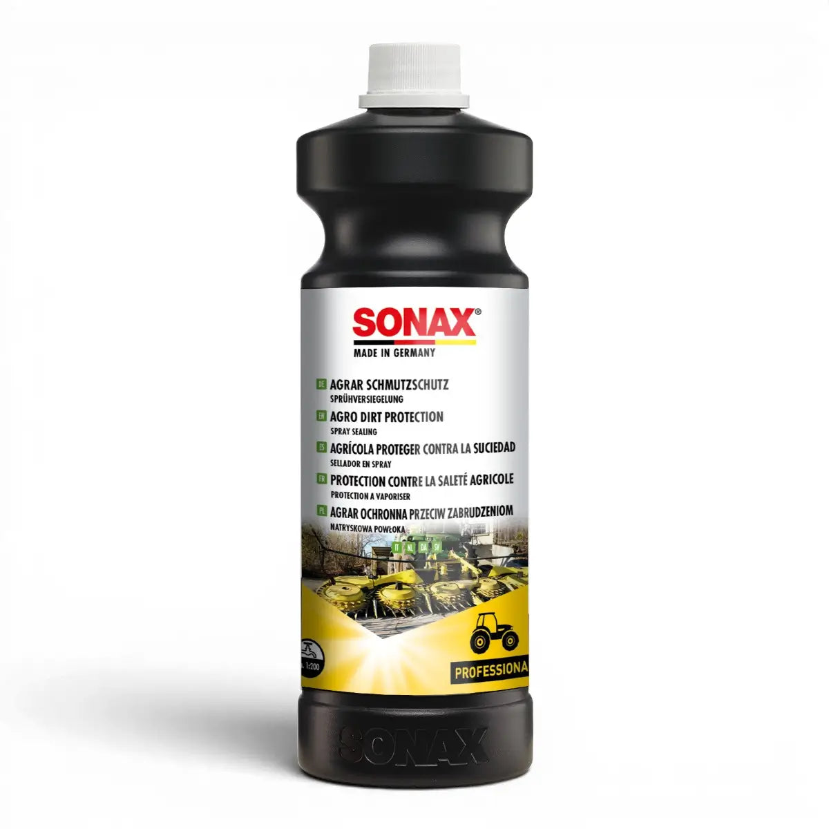 Schwarze Flasche mit SONAX Agrar Schmutzschutz Sprühversiegelung