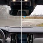 Sonax antibeschlagspray 500ml zeigt klaren und nebligen autoscheibeneffekt im split-screen innenansicht