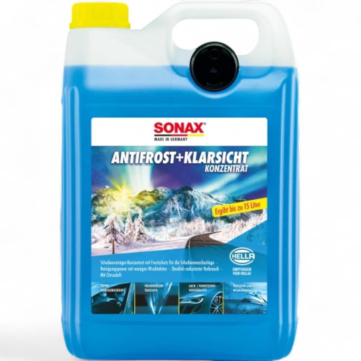 Blauer plastikkanister mit gelbem deckel und schwarzer tülle sonax antifrost plus klarsicht konzentrat citrus für autoscheiben