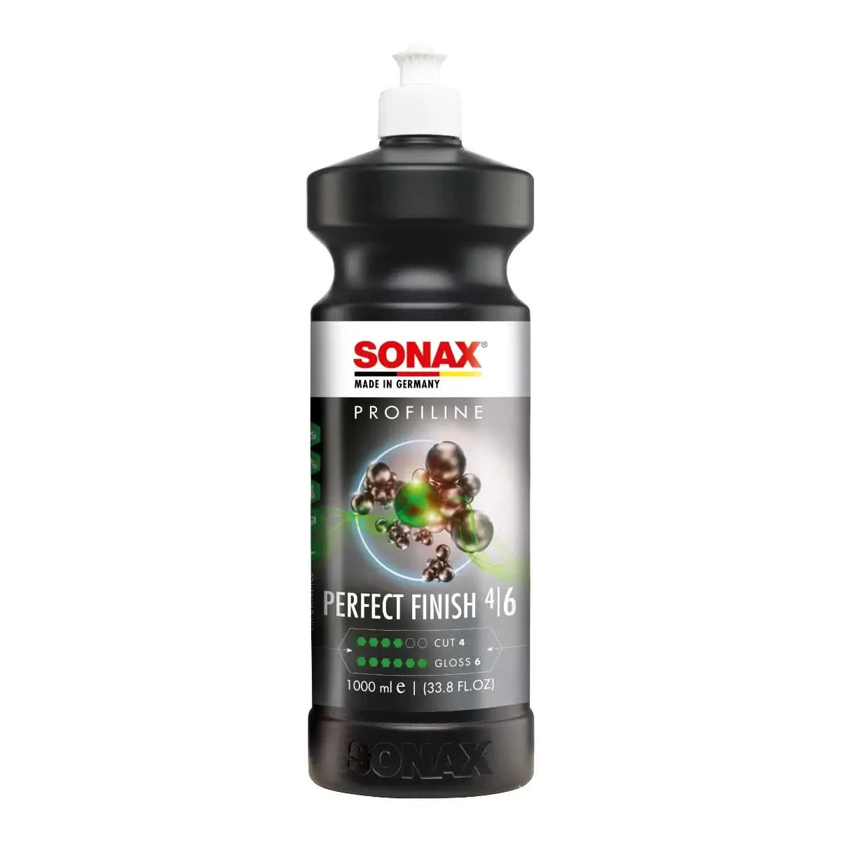 Schwarze kunststoffflasche mit weißem pumpenspender und sonax profiline perfect finish 1l etikett mit molekularbild