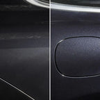 Sonax profiline perfect finish 1l zeigt schwarze autolackoberfläche mit kratzern links und makelloser seite rechts
