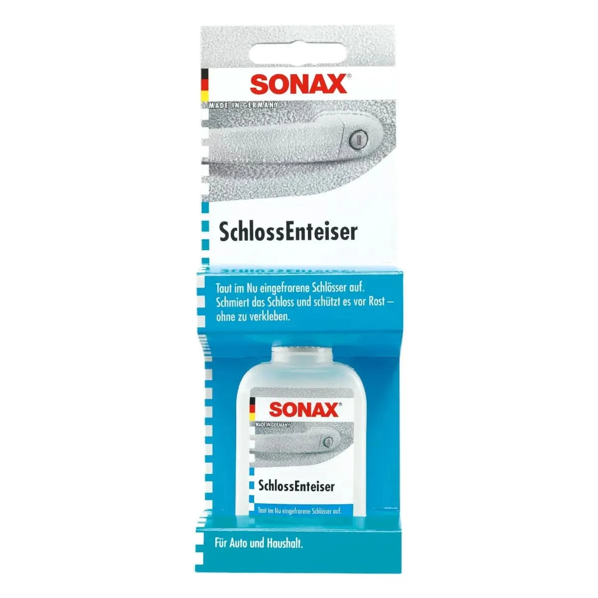 Sonax schlossenteiser 50ml in klarer kunststoffflasche mit weißem etikett und blauer verpackung zur schlossenteisung