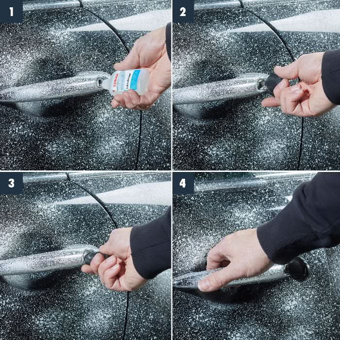 Silberner autotürgriff mit matter oberfläche und modernem design im produkt sonax schlossenteiser 50ml