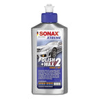Silberfarbene plastikflasche mit blauem deckel und weißer düse sonax xtreme polish plus wax 2 hybrid npt 500ml