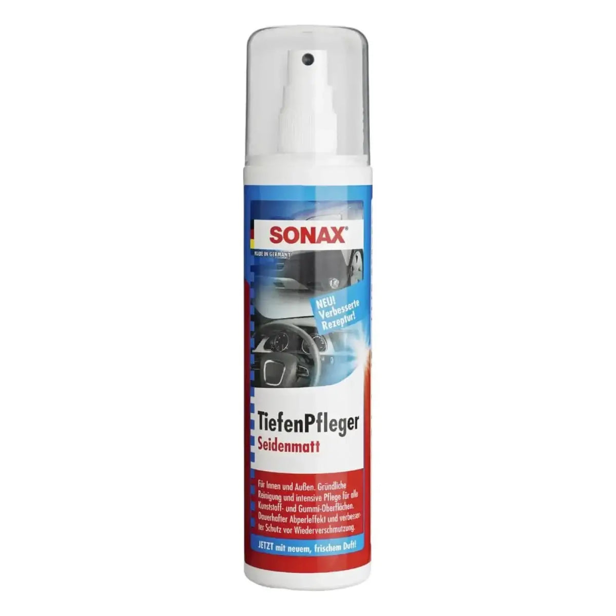 Weiße sprühflasche mit klarem deckel und blau-rotem sonax label in sonax tiefenpfleger matt oder glänzend