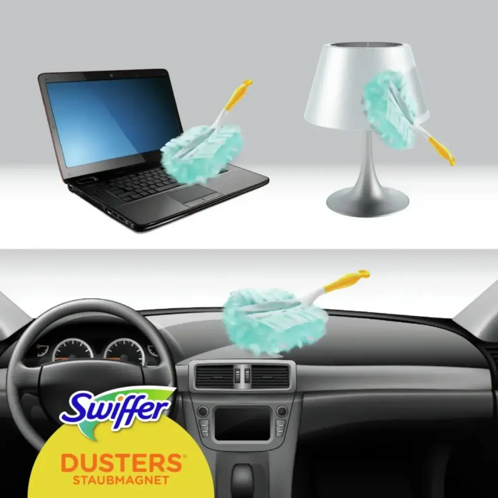 Hellblauer mikrofaser-swiffer-duster mit gelbem griff und 3 staubfangtüchern für einfache staubentfernung