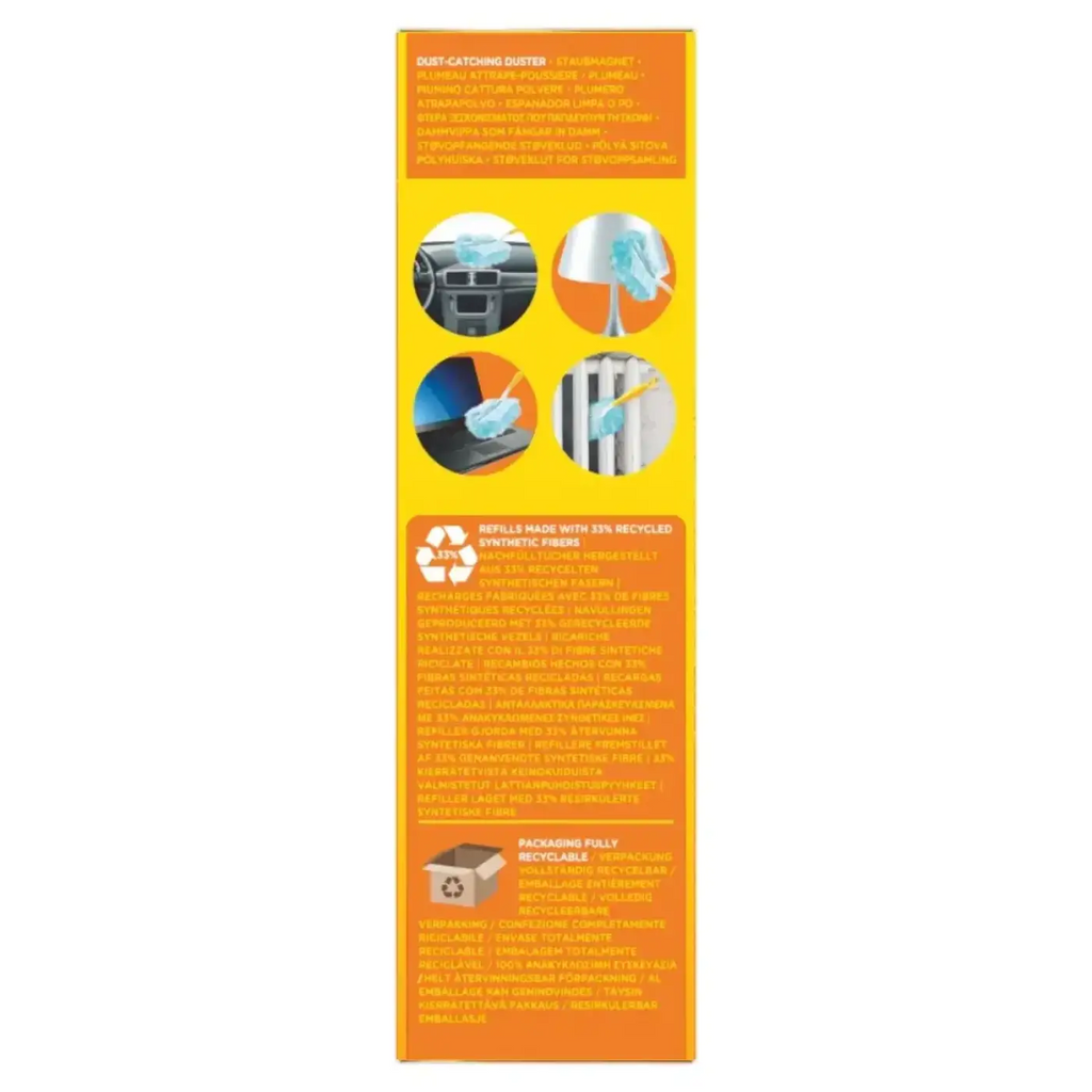 Helles gelb-orange kartonverpackung für swiffer duster handgriff mit 3 wiederverwendbaren synthetikfasertüchern