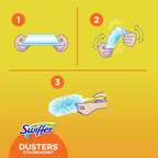 Swiffer duster mit blauem, flauschigem mikrofasertuch und gelbem handgriff zur staubentfernung