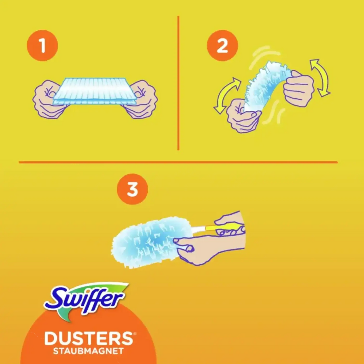 Swiffer duster mit blauem, flauschigem mikrofasertuch und gelbem handgriff zur staubentfernung