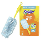Swiffer duster handgriff mit hellblauem, flauschigem staubtuch und gelbem griff mit schlaufe