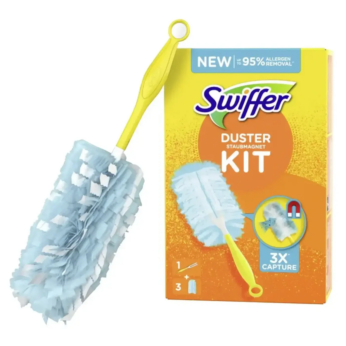 Swiffer duster handgriff mit hellblauem, flauschigem staubtuch und gelbem griff mit schlaufe