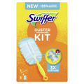 Swiffer duster kit mit hellblauem mikrofaserkopf und gelbem griff inklusive 3 staubfangtücher für staubentfernung