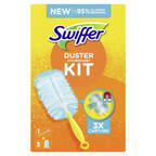Swiffer duster kit mit hellblauem mikrofaserkopf und gelbem griff inklusive 3 staubfangtücher für staubentfernung