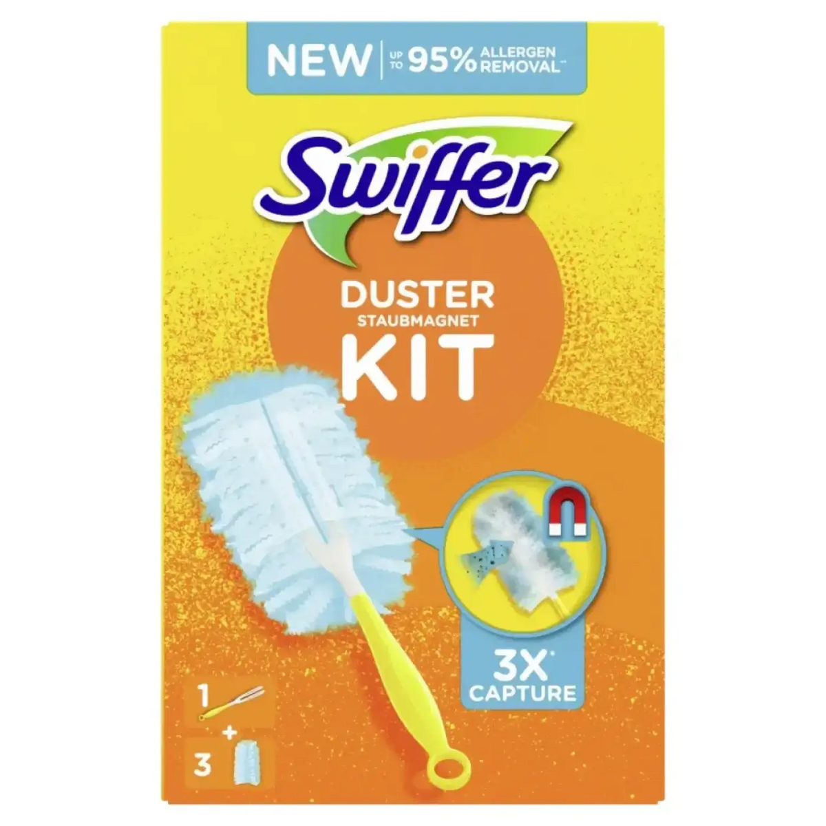 Swiffer duster kit mit hellblauem mikrofaserkopf und gelbem griff inklusive 3 staubfangtücher für staubentfernung