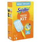 Swiffer duster kit mit hellblauem mikrofaserkopf und gelbem griff inklusive 3 staubfangtücher