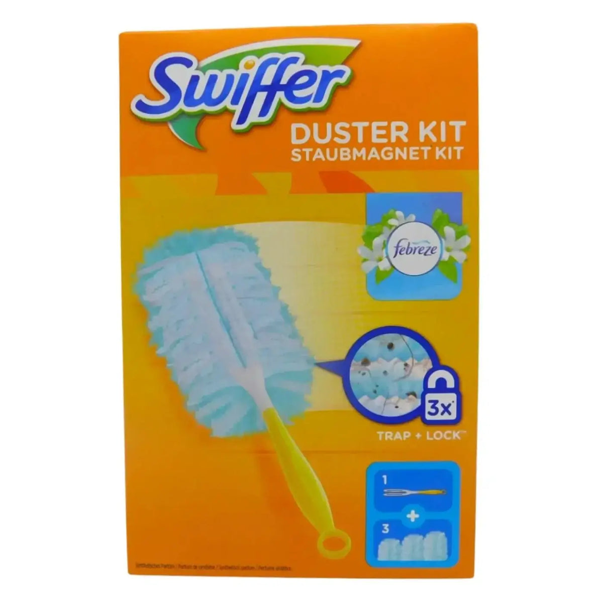 Swiffer duster handgriff mit leicht blauem, flauschigem staubfangkopf und gelbem griff plus 3 febreze tücher