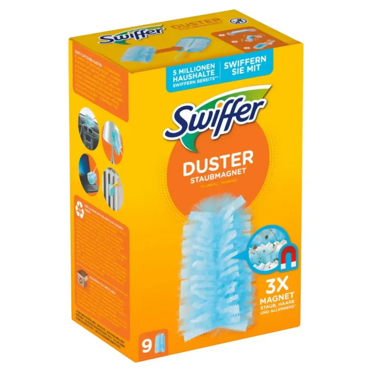 Swiffer duster staubfangtücher 9er pack mit hellblauem, weichem borstenkopf für effizientes staubwischen und magnetische reinigung