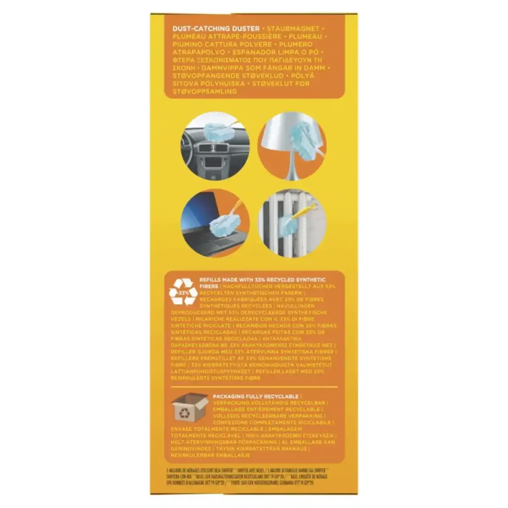Gelbe kartonverpackung für swiffer duster staubfangtücher 9er pack mit mehrsprachiger beschriftung und anwendungsbildern