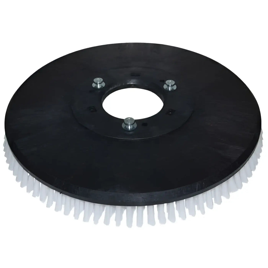 Schwarze tellerbürste aus kunststoff 490 515 mm mit weißen borsten und drei silbernen schrauben am mittleren radstern