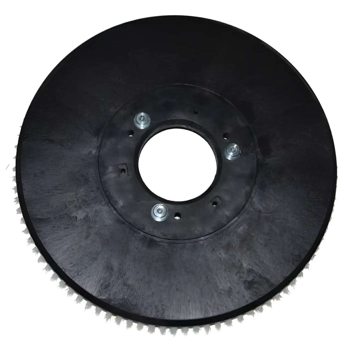 Schwarze tellerbürste kunststoff 490 x 515 mm mit zentralem montageloch und vier silbernen schrauben