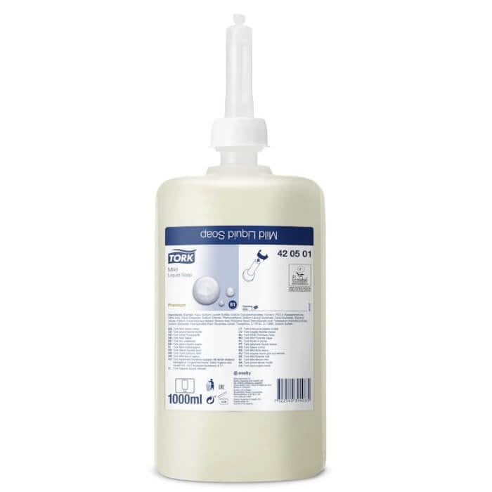 Tork premium flüssigseife mild s1 mildes flüssigseife dispenser in durchscheinender elfenbeinfarbener plastikflasche mit weißer pumpe